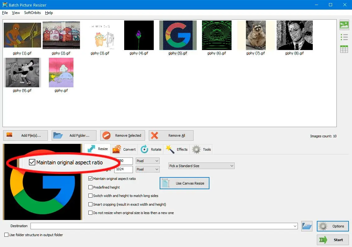  Crop settings with aspect ratio in Batch Picture Resizer..