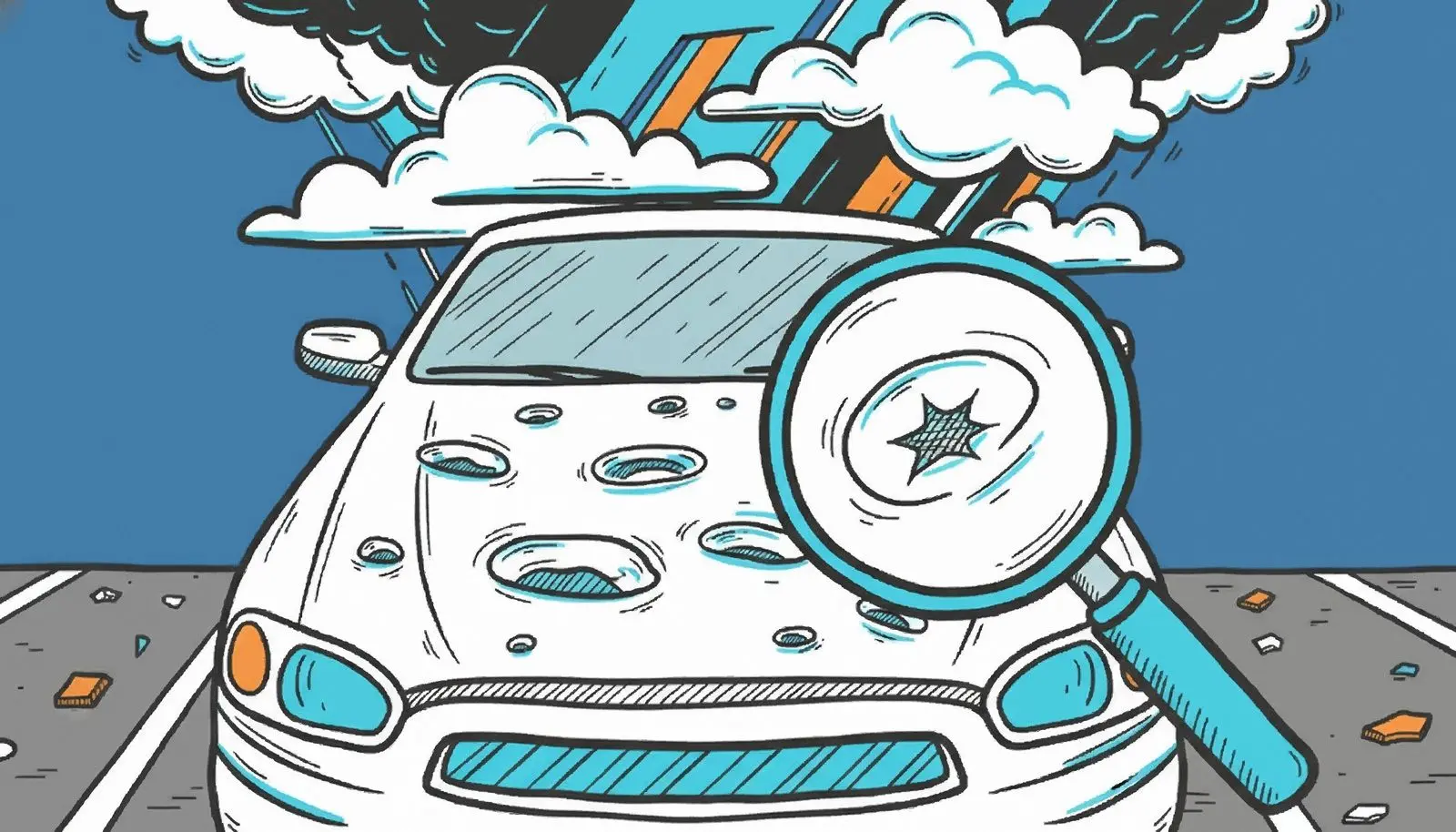 一輛汽車的車蓋上有冰雹凹痕，在停車場拍攝.