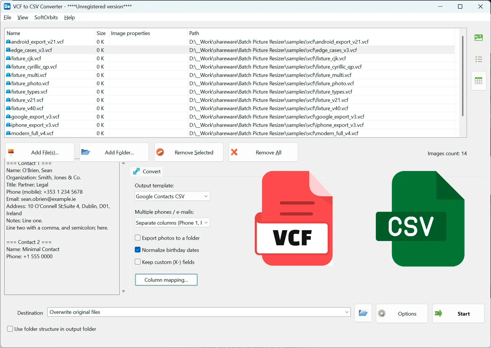 VCF to CSV Converter Software 螢幕截圖.